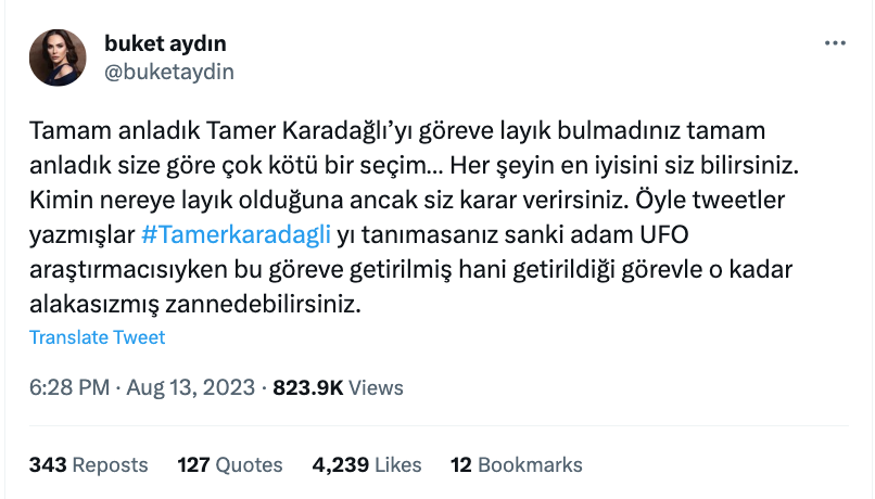 buket aydin dan tamer karadagli nin devlet tiyatrolari genel mudurlugune atanmasiyla ilgili yapilan elestirilere yanit